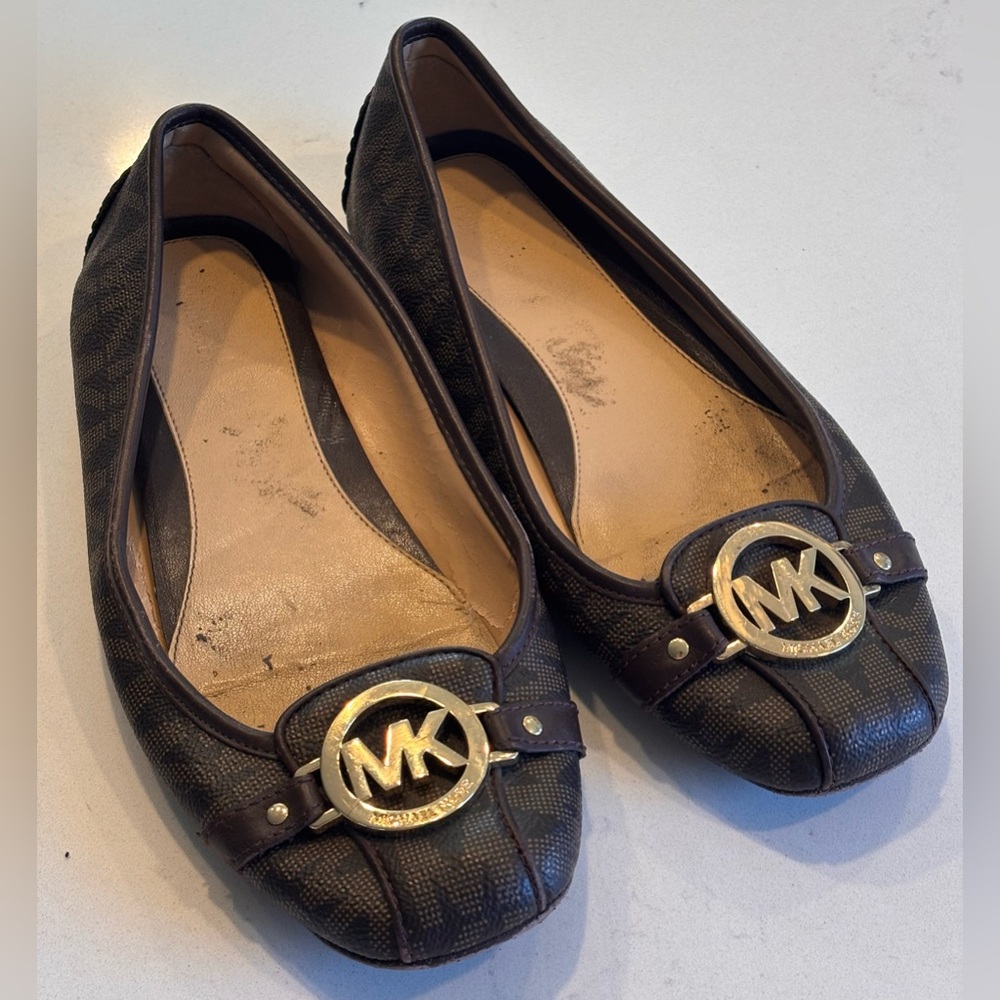 Michael Kors Fulton Brown Leather MK Logo Ballet Flats Shoes Women’s Size US 8
